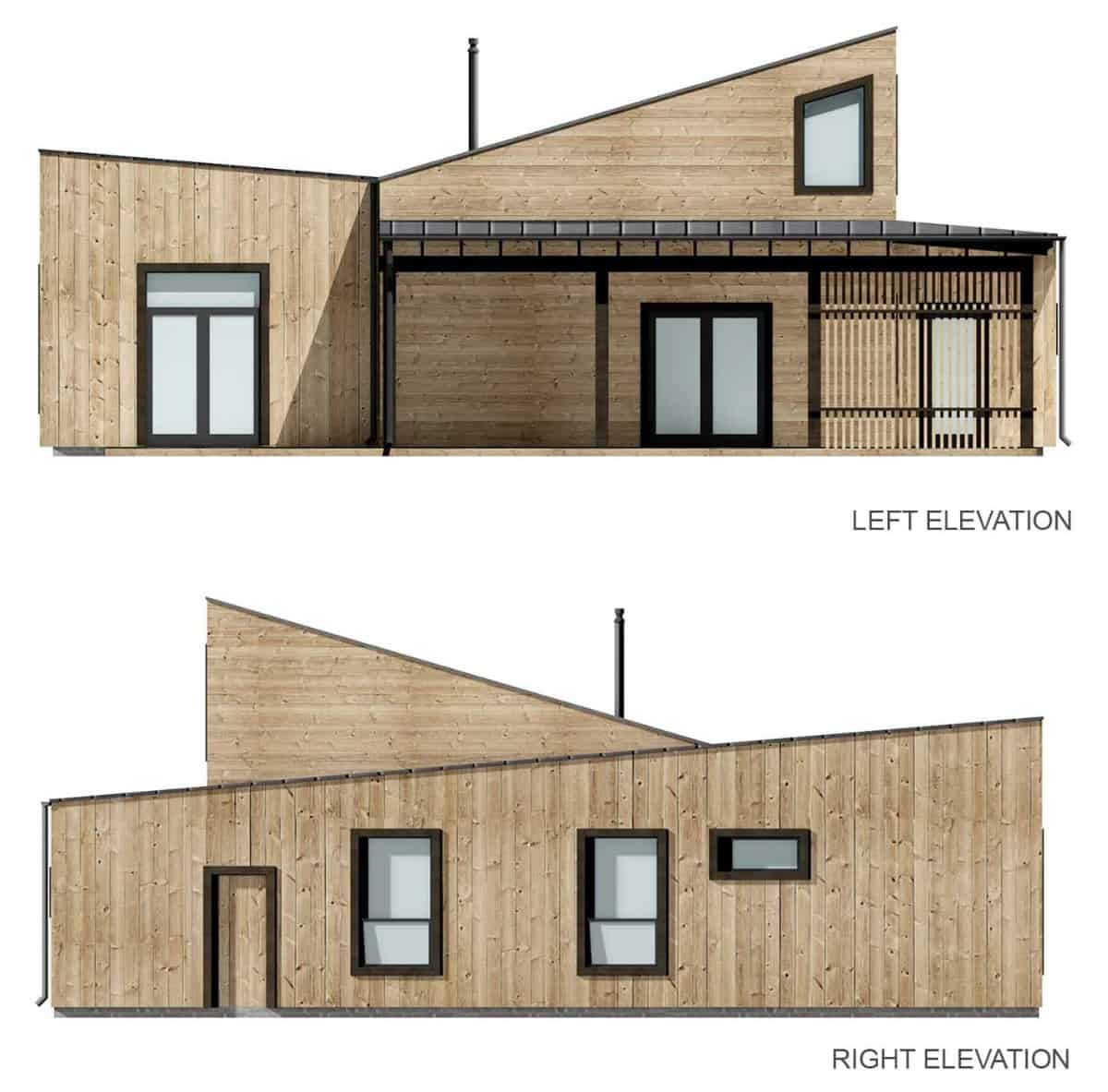 Left and right elevation sketch of the 3-bedroom modern two-story home.