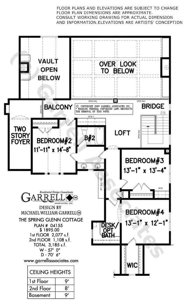 Second level floor plan with three bedrooms and a balcony loft.