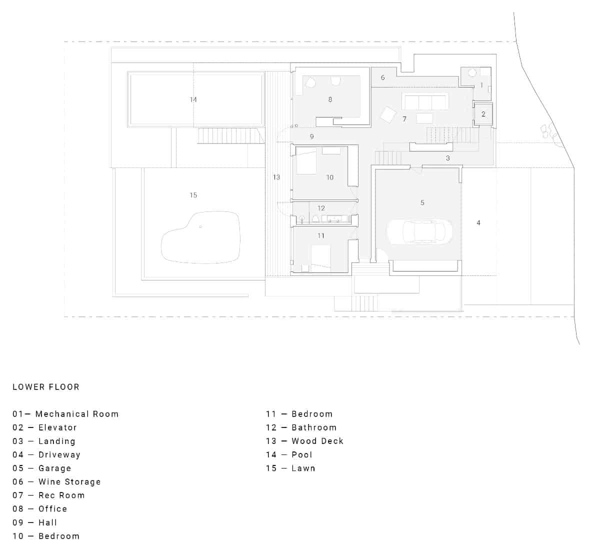 Lower level floor plan of the Container House.