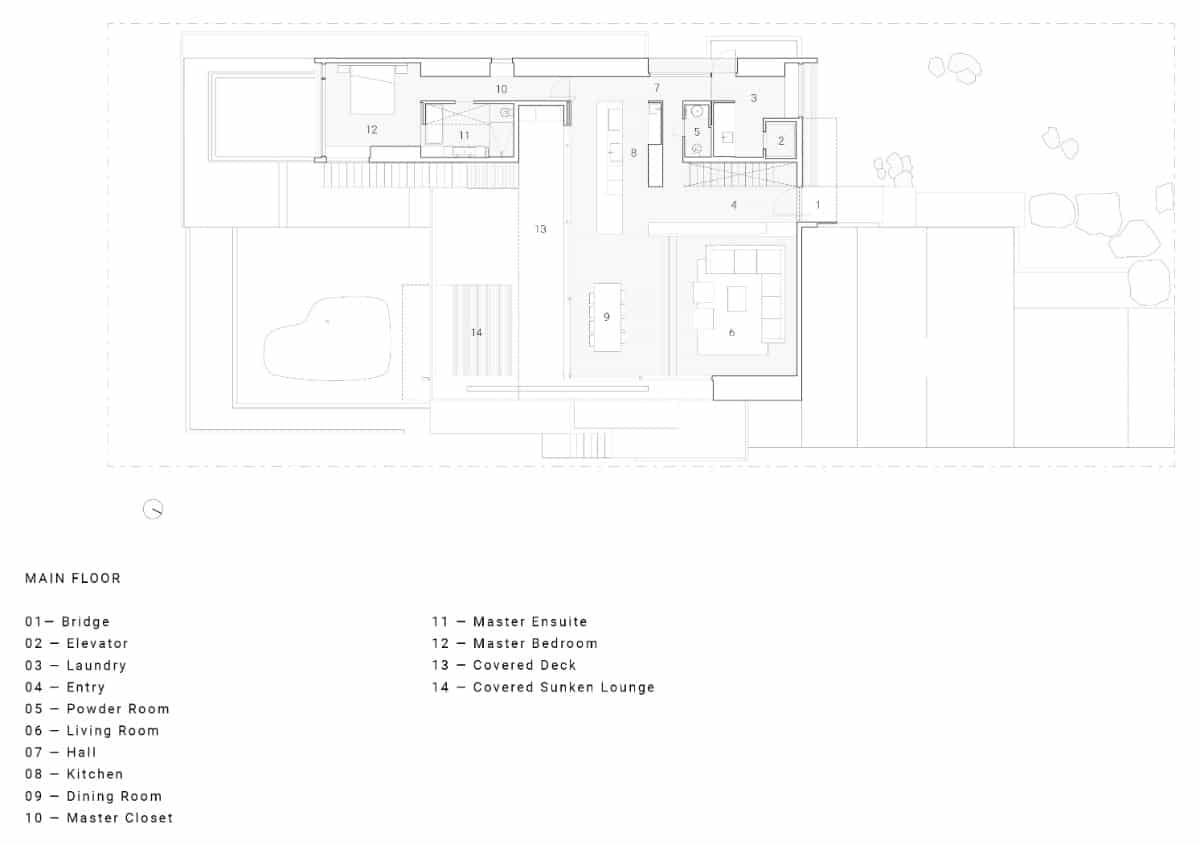 Main level floor plan of the Container House.
