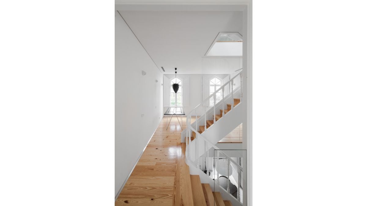 With each flight of stairs, the stairs get smaller, reflecting how the rooms they connect are changing.