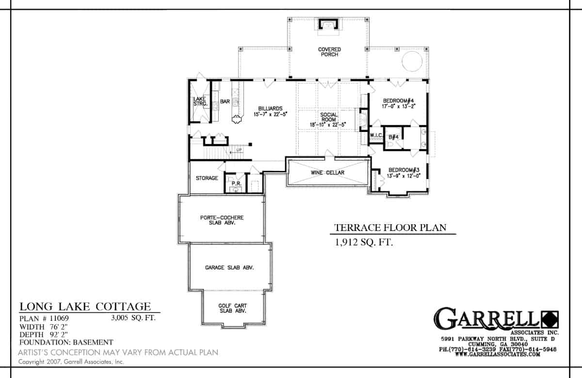 Lower level floor plan with two bedrooms, social room, billiards, a wet bar, wine cellar, and plenty of storage.