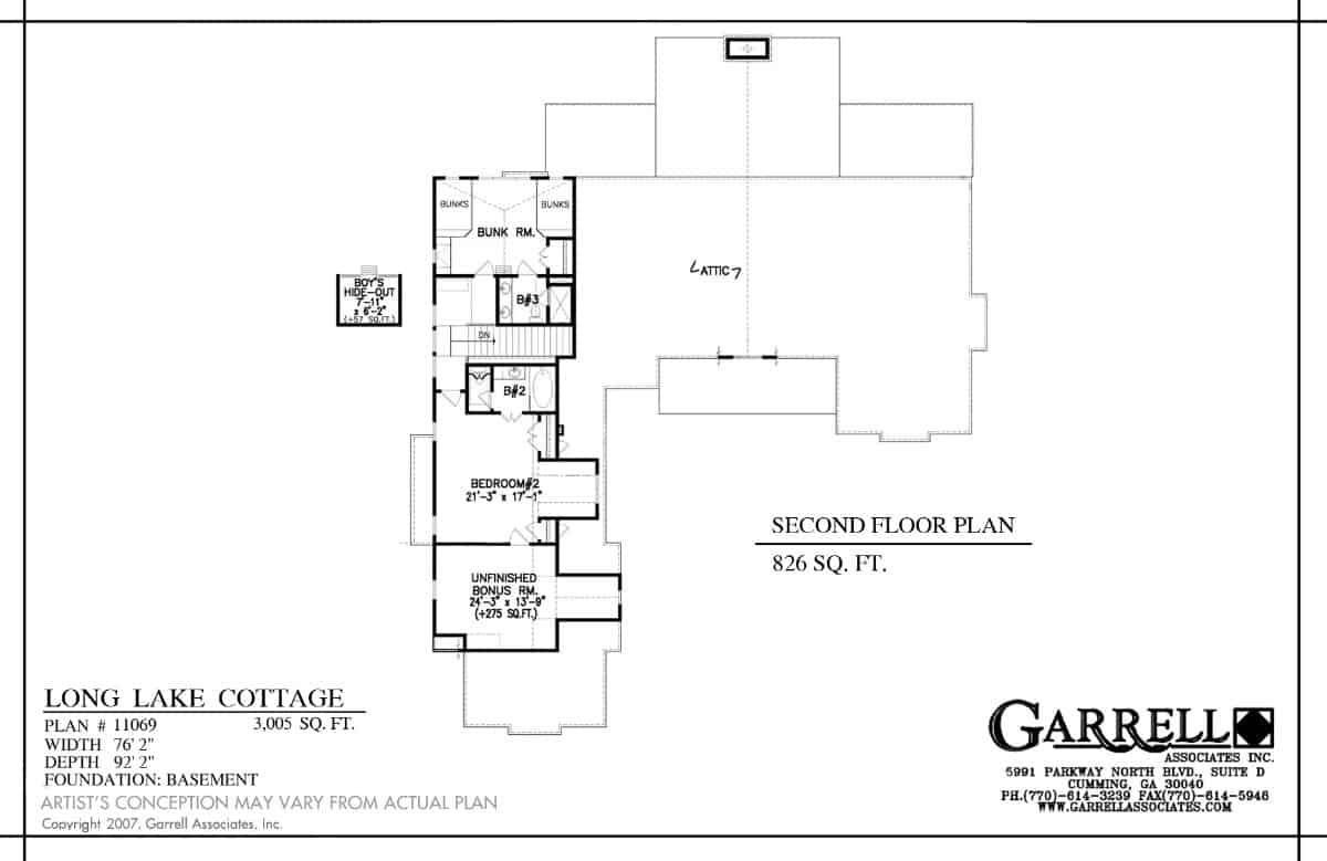 Second level floor plan with a bedroom, a bunk room, and an unfinished bonus room.