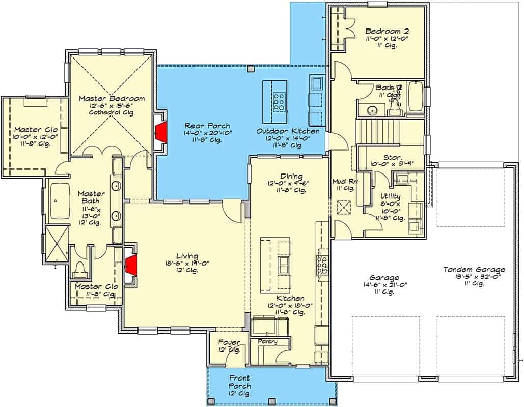 Main level floor plan of a 4-bedroom transitional two-story home with foyer, living room, kitchen, dining area, two bedrooms, utility, and mudroom that opens to the garage.