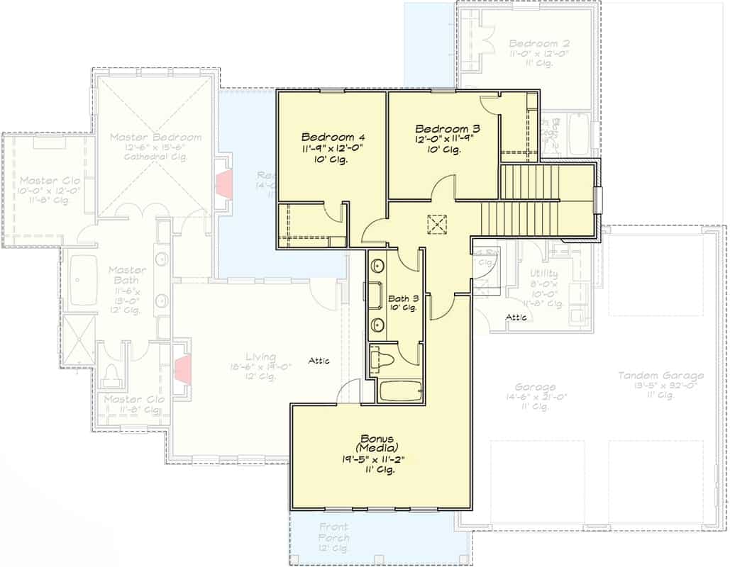 Second level floor plan with two bedrooms, a shared bathroom, and a loft.