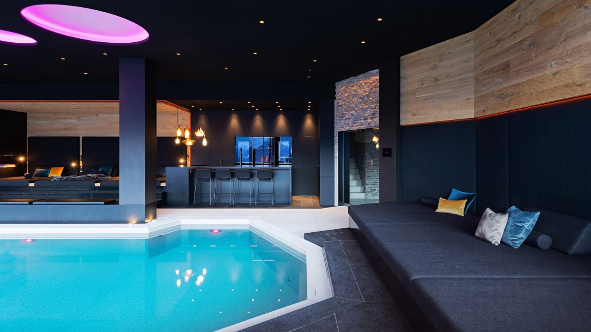 The interior's blue hues are an homage to water, which is a key component of relaxing in the spa area.