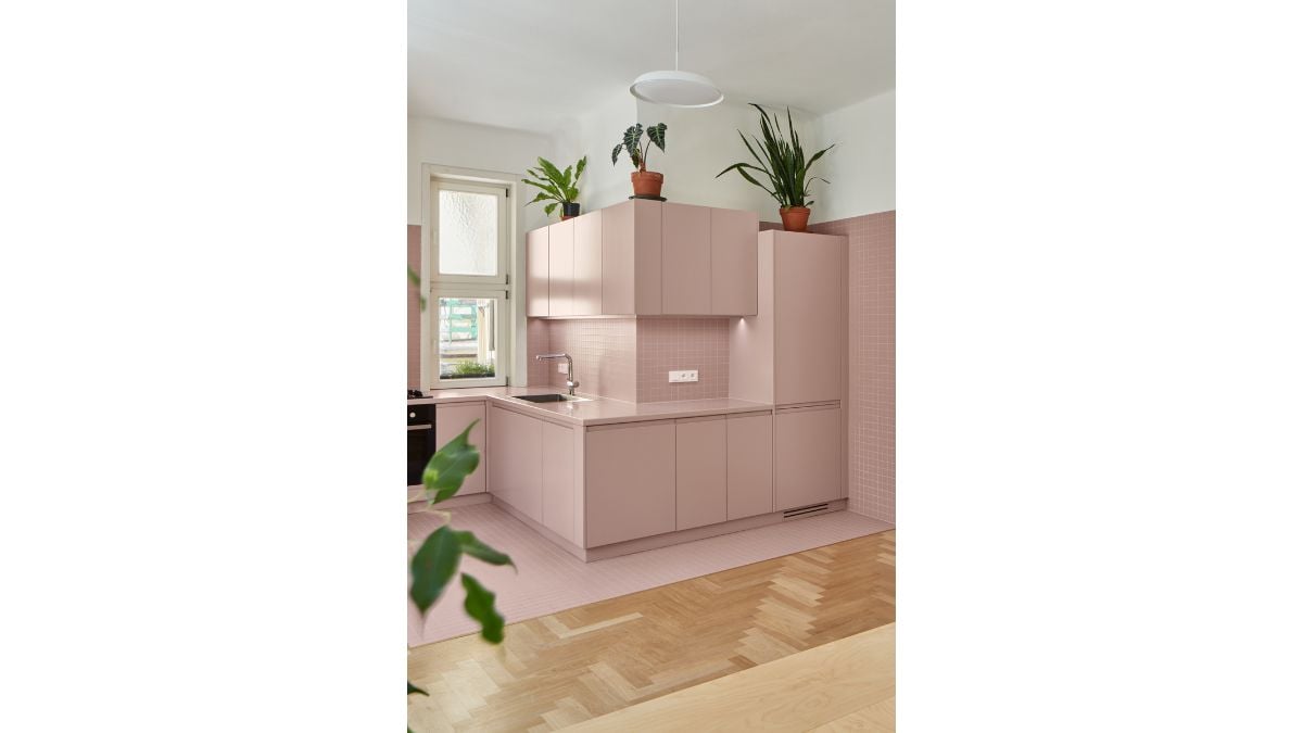 The pink color of the furniture designates the corridor, bathroom, kitchen, and other areas that could come into touch with water.