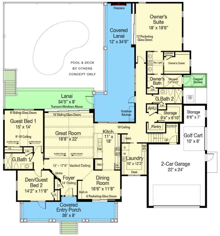 Main level floor plan of a coastal style 3-bedroom single-story home with foyer, great room, kitchen, dining room, three bedrooms, laundry room, and mudroom leading to the garage.