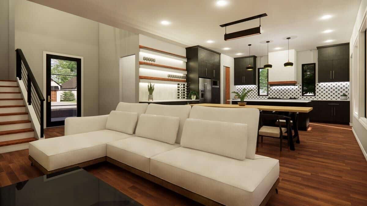 The living room also opens to the dining area and kitchen.