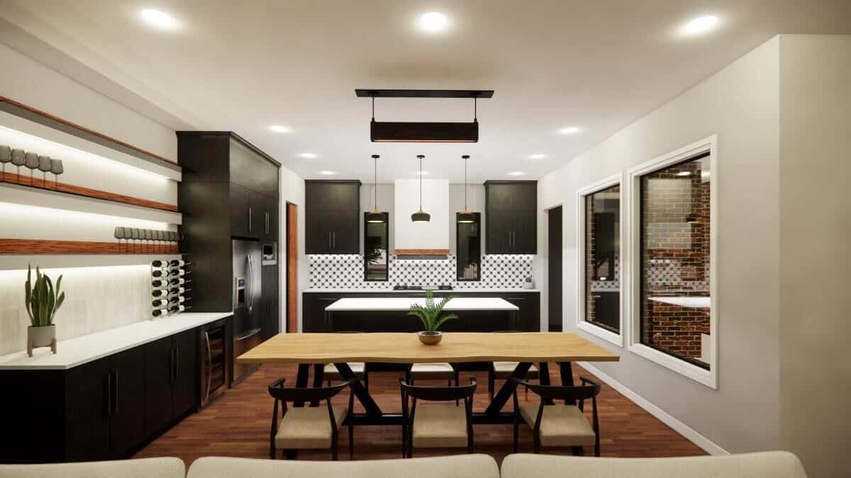 The dining area has a wooden dining set and a wet bar equipped with a wine fridge and floating shelves.
