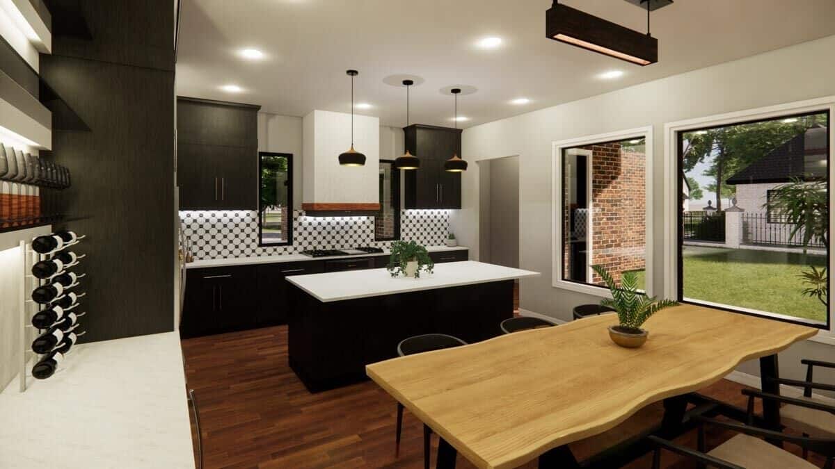 Large windows on the side provide the eat-in kitchen with backyard views.