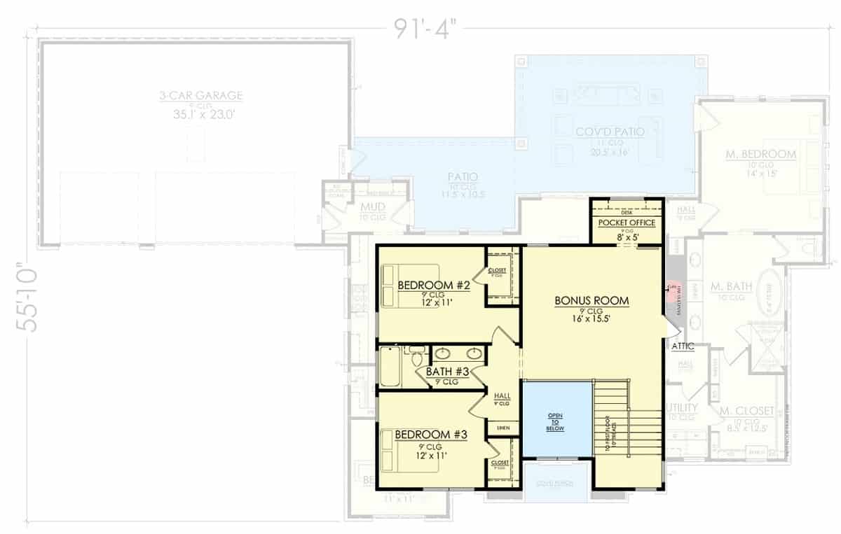 Second level floor plan with two bedrooms, a common bathroom, and a bonus room.