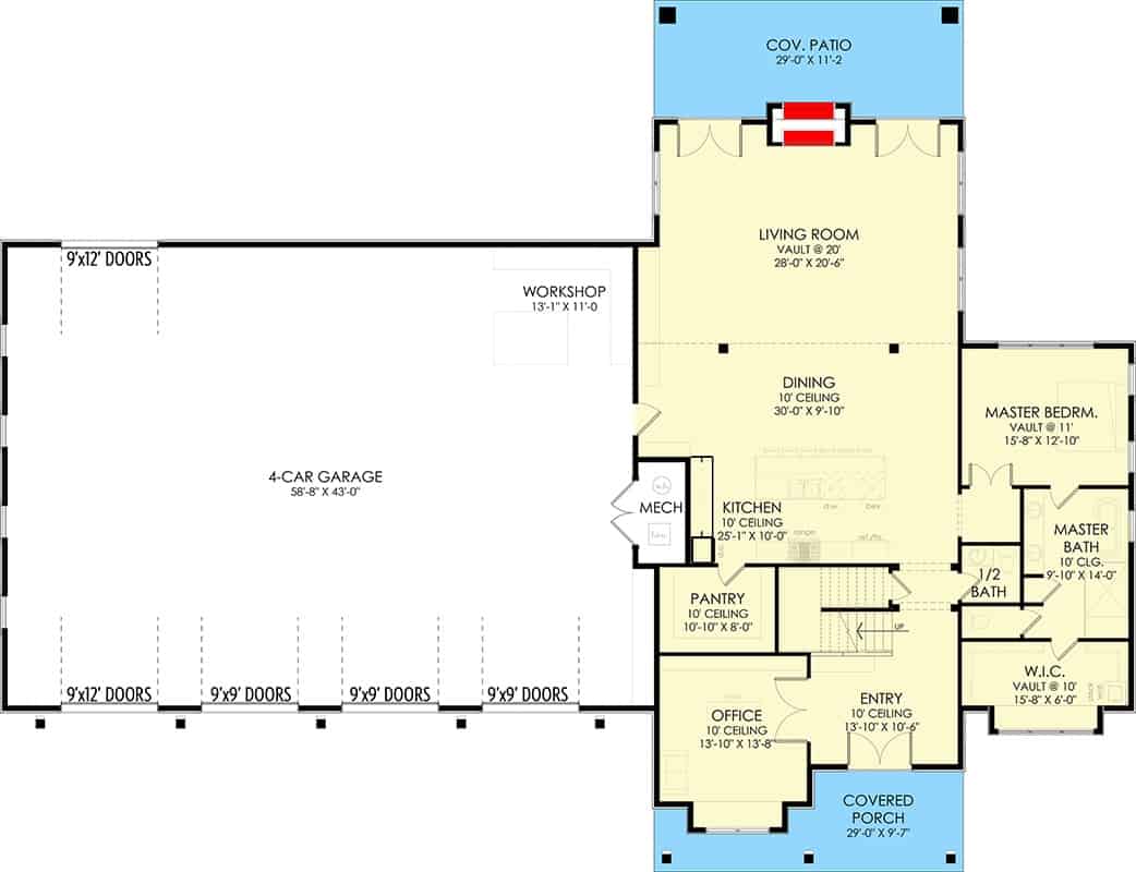 Main level floor plan of a 4-bedroom single-story modern farmhouse with foyer, home office, kitchen, dining area, living room, primary suite, and a 4-car garage.