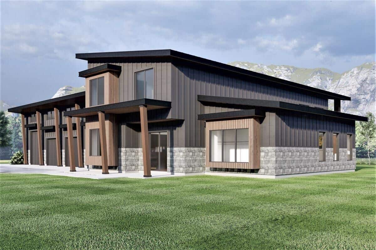 Front-right rendering showcasing the covered entry porch with a French door.