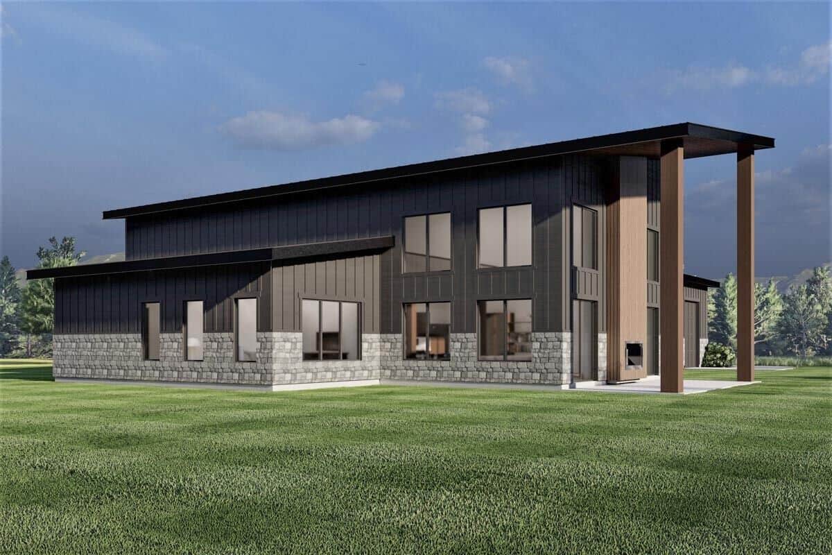 Rear-left rendering with a soaring covered porch warmed by an outdoor fireplace.
