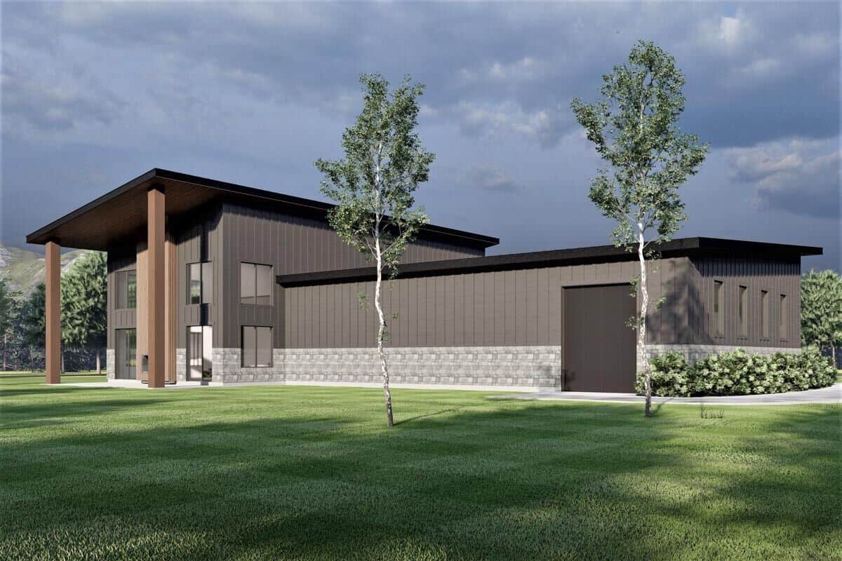 Rear-right rendering with a drive-through garage and a series of windows flooding the garage with natural light.