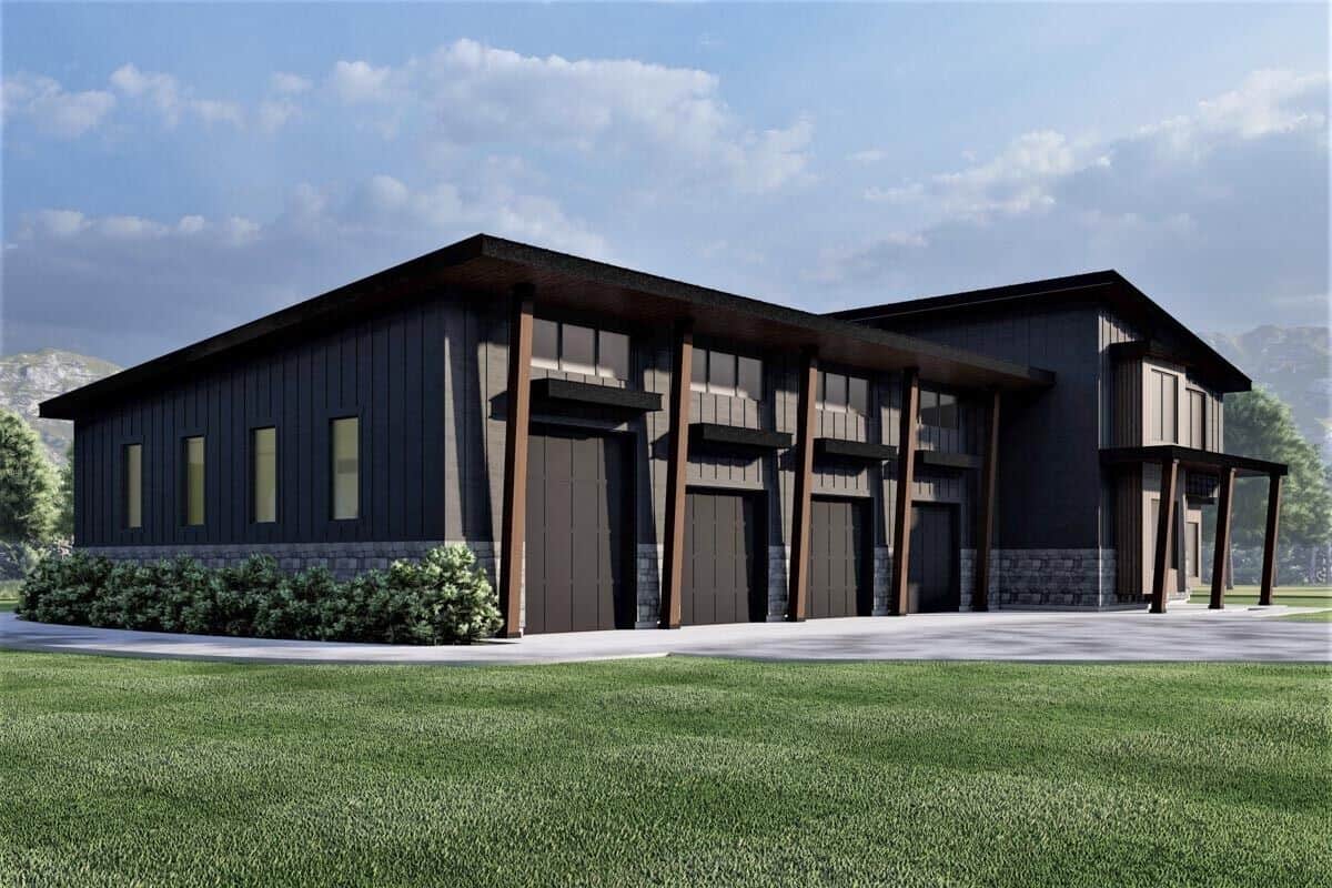 Front-left rendering showcasing the 4-car garage with three standard garage bays and an RV bay framed with rustic timbers.