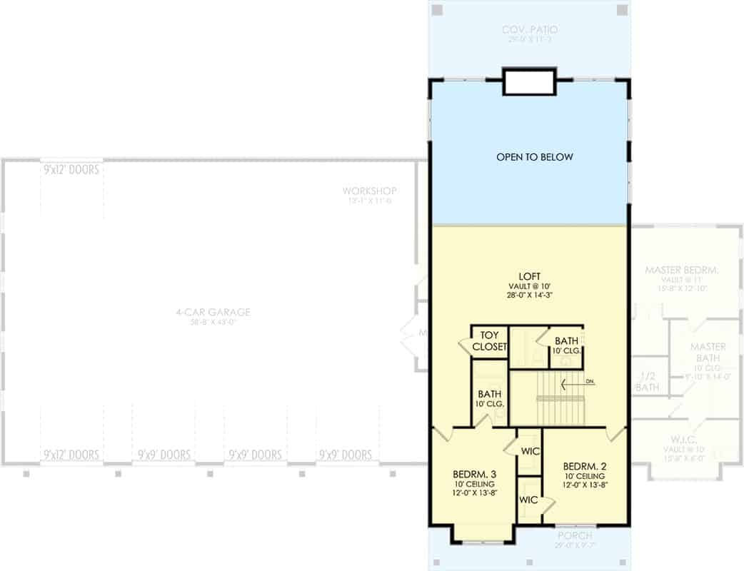 Second level floor plan with two bedrooms, two baths, a toy closet, and a loft that looks down the living room below.