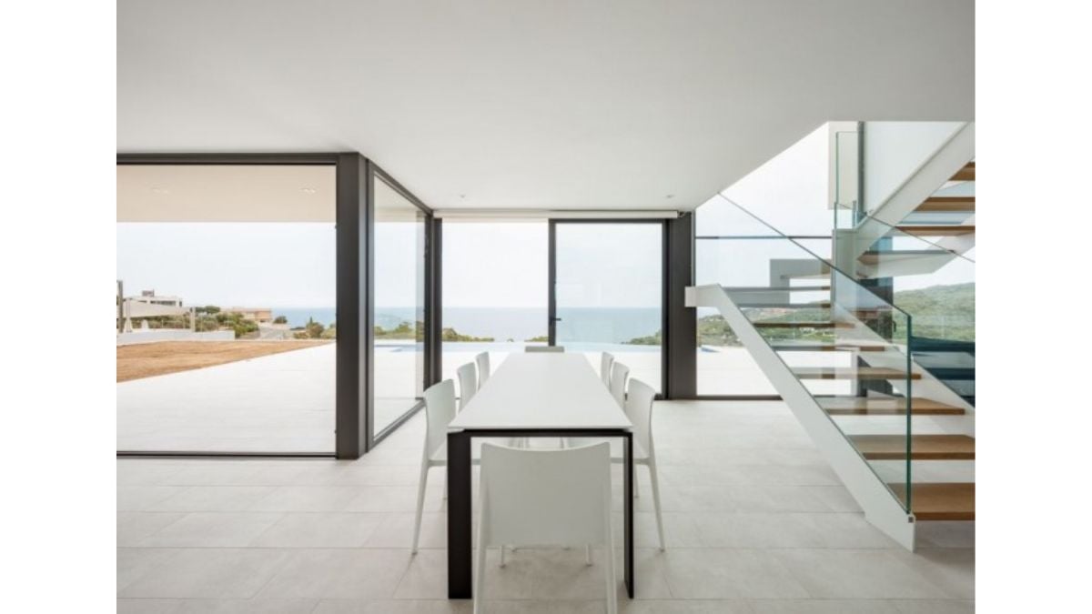 The interior is all white, complementing the exterior scenery, and it has a strong light from the sun.