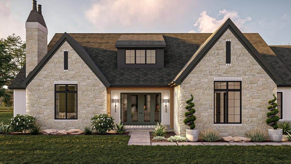 Front rendering with a stone exterior and a covered entry porch framed with timber accents.