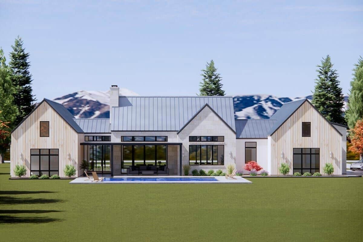 Rear rendering with a covered lanai and a pool terrace.