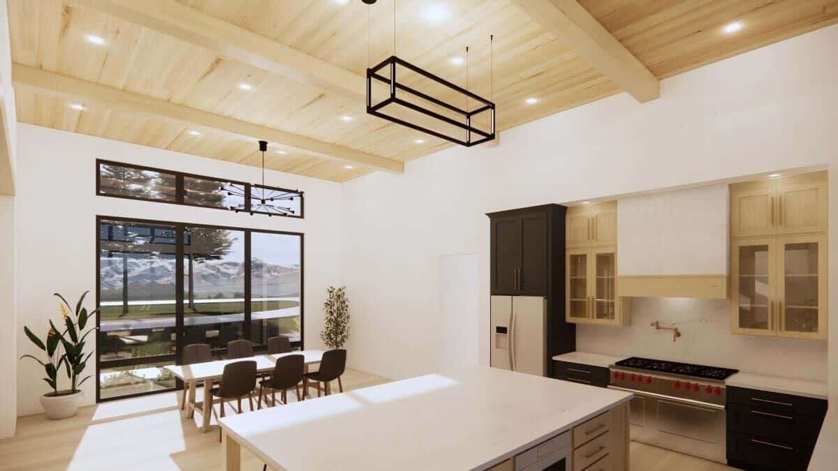 The dining room across offers a wooden dining set and great views of the front yard through clerestories and a trio of windows.