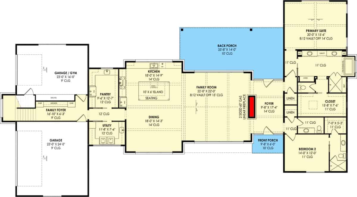 Main level floor plan of a 3-bedroom contemporary two-story hill country home with foyer, family room, kitchen, dining area, family foyer flanked by garages, and two bedrooms including the primary suite.