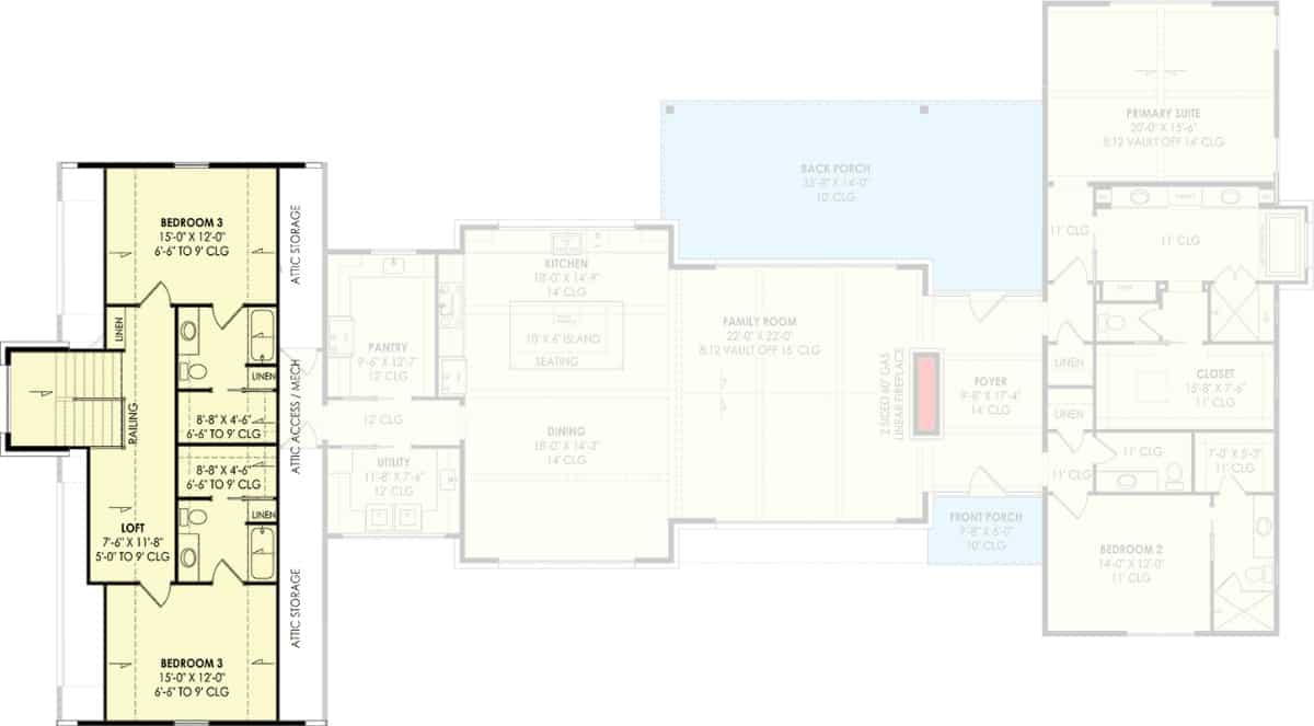 Second level floor plan with a loft and two bedroom suites.