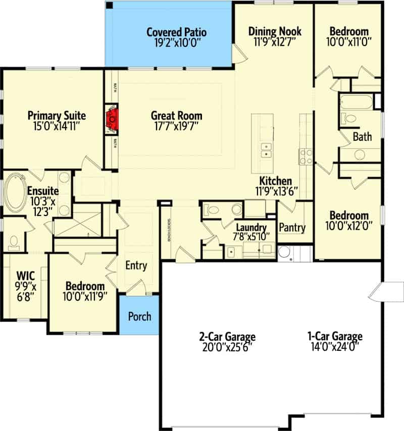 Main level floor plan of a transitional style single-story 4-bedroom ranch with foyer, great room, kitchen, dining nook, laundry room, and a mudroom that opens to the 3-car garage.