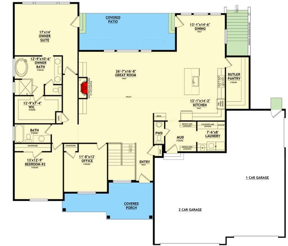 Main level floor plan of a transitional 3-bedroom single-story craftsman home with foyer, great room, kitchen, dining area, mudroom leading to the garage, home office, two bedrooms, and mudroom leading to the 3-car garage.