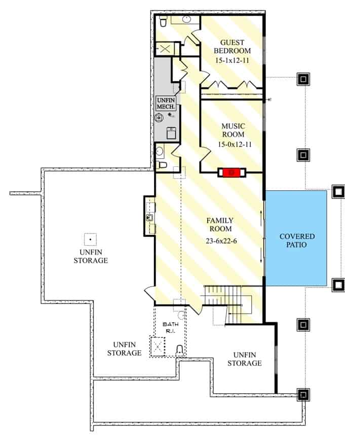Lower level floor plan with a family room, music room, guest bedroom, and lots of storage space.