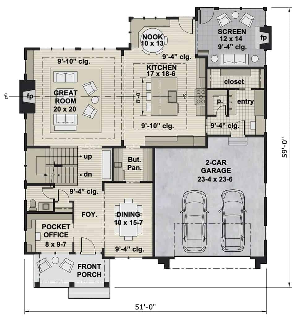Main level floor plan of a modern farmhouse style 4-bedroom two-story Abigail home with foyer, great room, kitchen, dining area, three bedrooms, and a double garage.