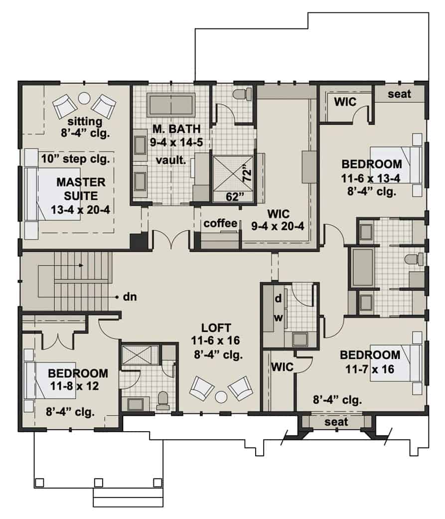 Second level floor plan with four bedrooms, three baths, and a loft.
