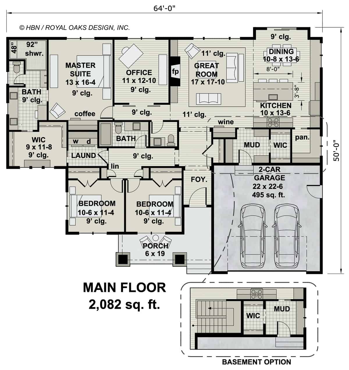 Main level floor plan of a single-story craftsman style 3-bedroom Aspen Shores home with foyer, great room, dining area, kitchen, three bedrooms, laundry room, and mudroom that opens to the garage.