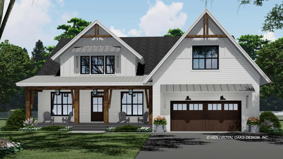 Front rendering with a double garage and a covered entry porch.