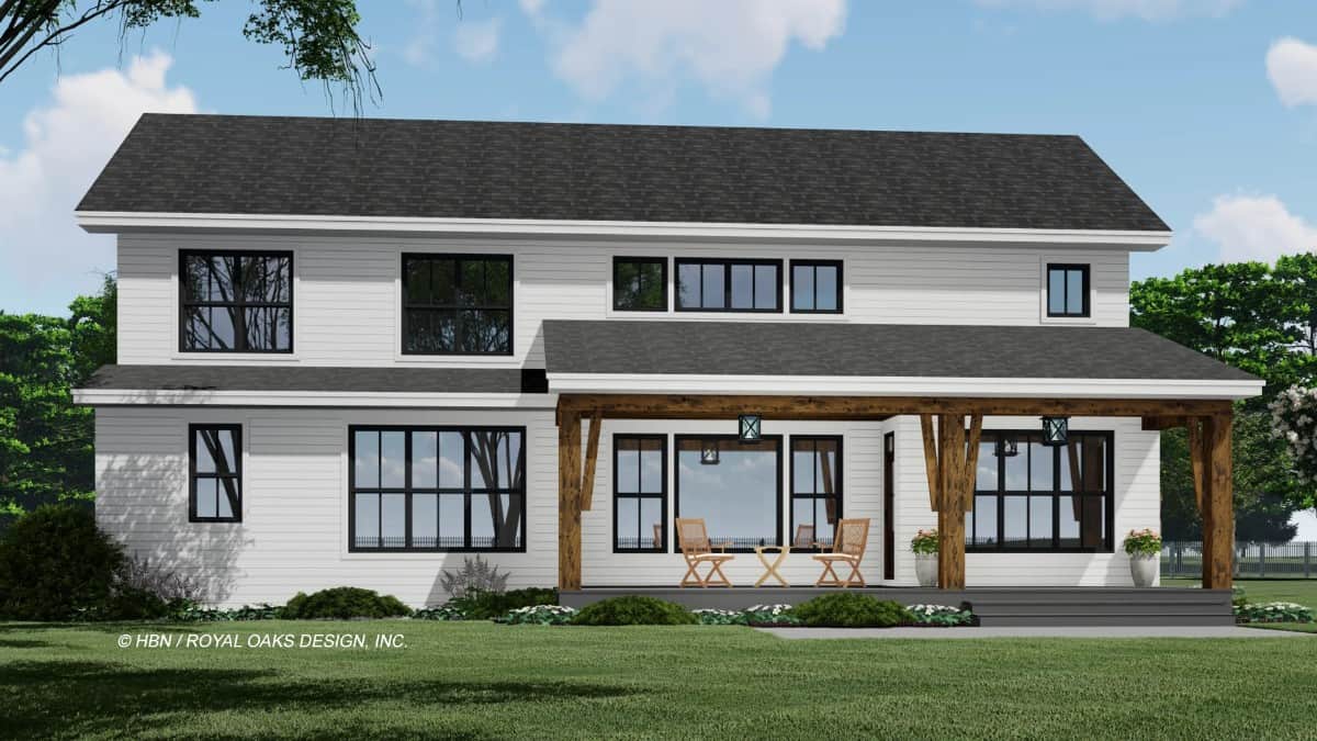 Rear rendering showcasing a spacious covered porch framed with rustic timbers.