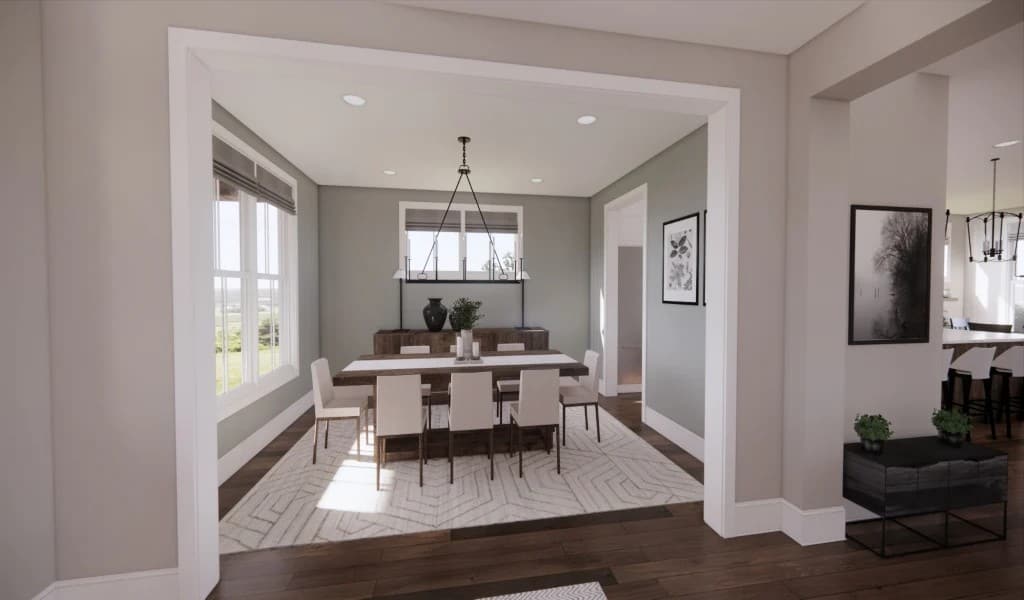 The formal dining room features a wooden dining set and a matching buffet table topped with clerestory windows.