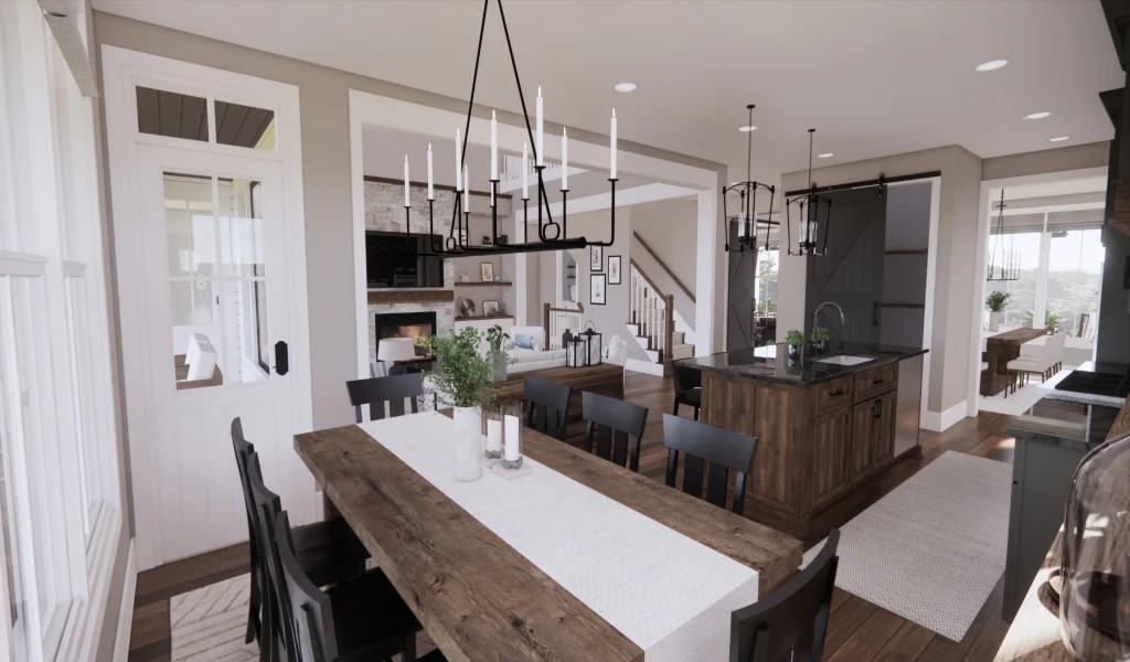 The breakfast nook has an 8-seater dining set and a glazed door that opens to the back porch.