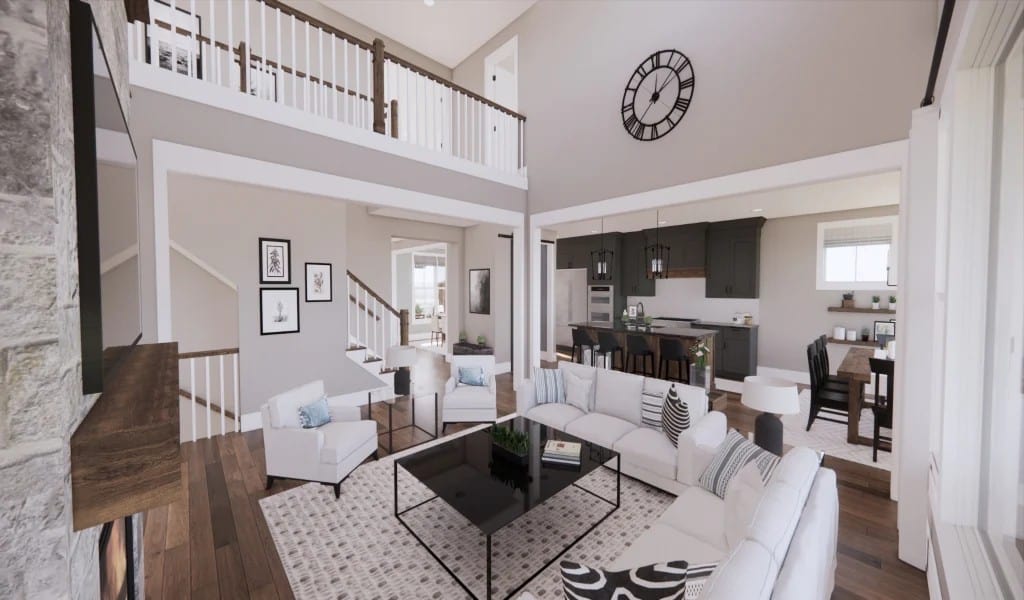 The great room has a two-story ceiling and white seats surrounding a black coffee table.