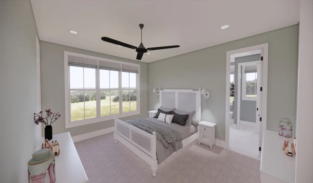 Primary bedroom with white furnishings and a private bathroom.