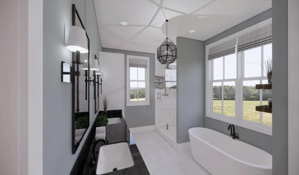 The primary bathroom offers a dual sink vanity, a walk-in shower, and a freestanding bathtub.