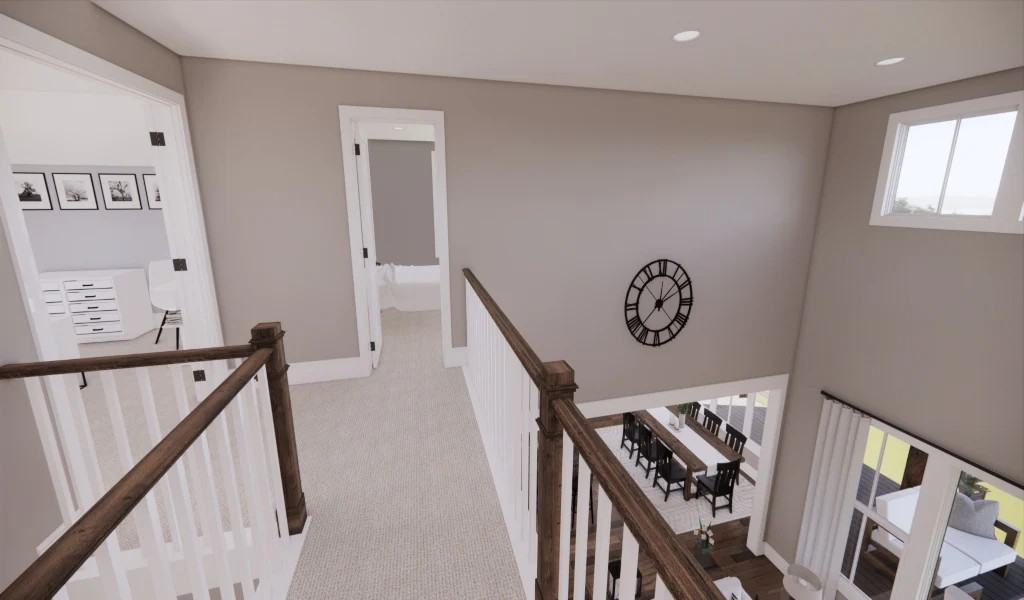 The balcony has wooden railings and great views of the open living space below.