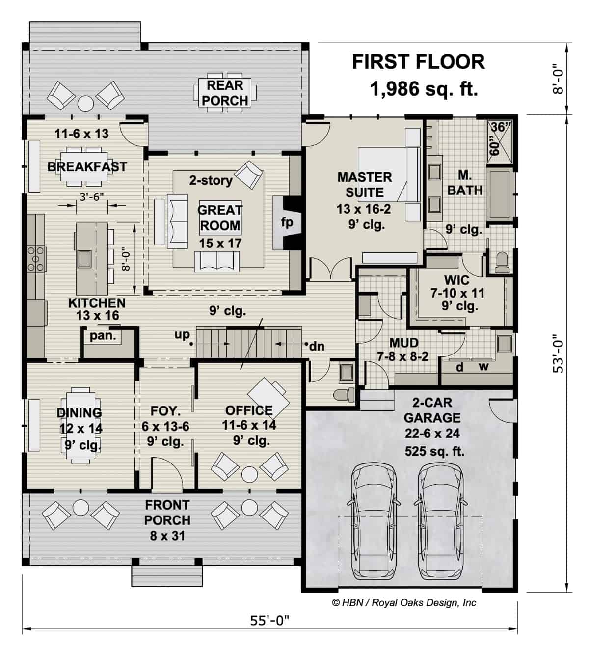 Main level floor plan of a 4-bedroom two-story Brushy Creek modern farmhouse with foyer, home office, dining room, great room, kitchen, breakfast area, primary suite, and mudroom leading to the garage.