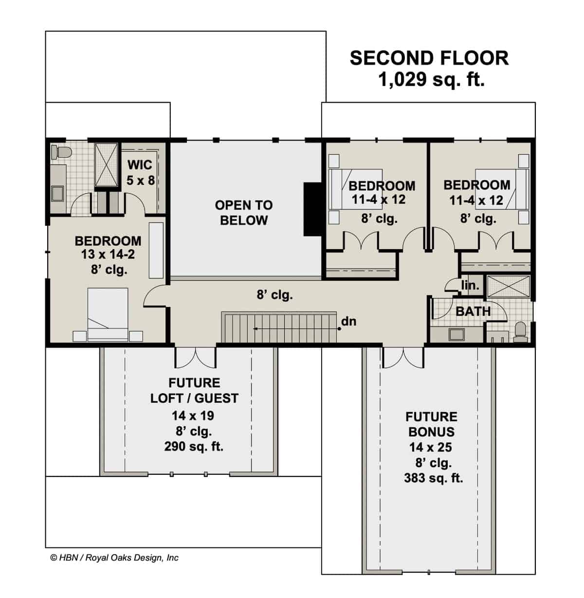 Second level floor plan with two bedrooms, a shared bathroom, and a loft.