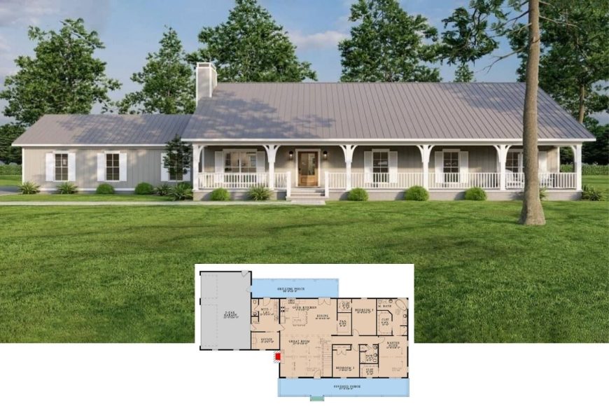 Single-Story Country Style 3-Bedroom Home with Front Porch and Rear ...