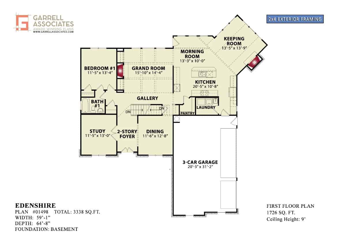 Main level floor plan of a 5-bedroom traditional style two-story Edenshire Home with foyer, grand room, formal dining room, kitchen, morning room, keeping room, a bedroom, laundry, and 3-car side loading garage.