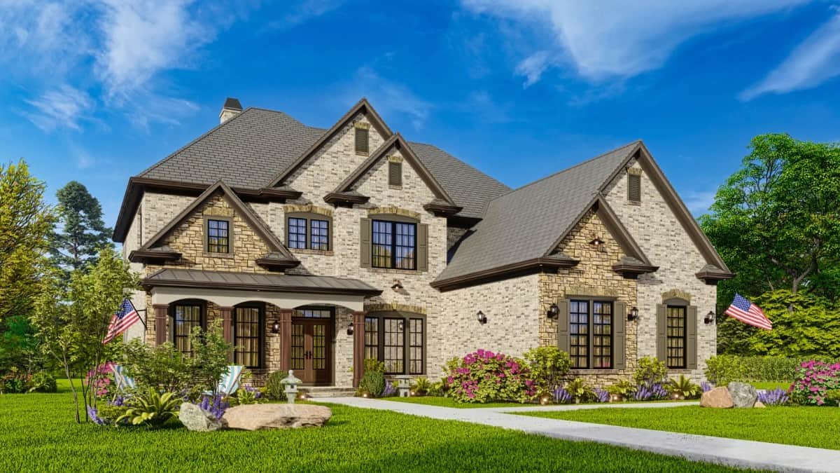 Front-left rendering with a stone exterior, multiple gables, and a covered entry porch.