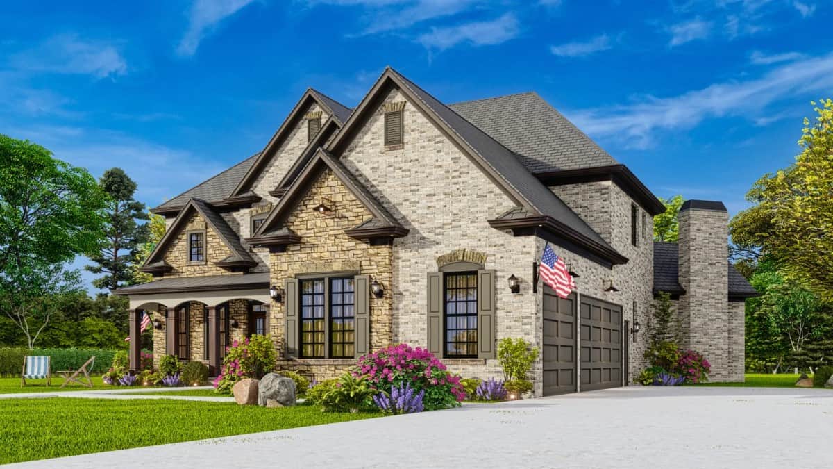 Front-right rendering showcasing a side-loading garage complemented with a concrete driveway.