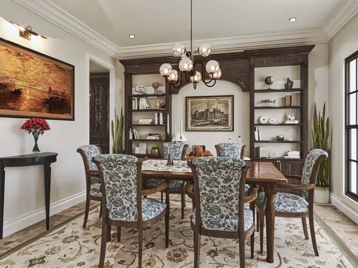 Formal dining room with a built-in cabinet and a wooden dining set sitting on a floral area rug.