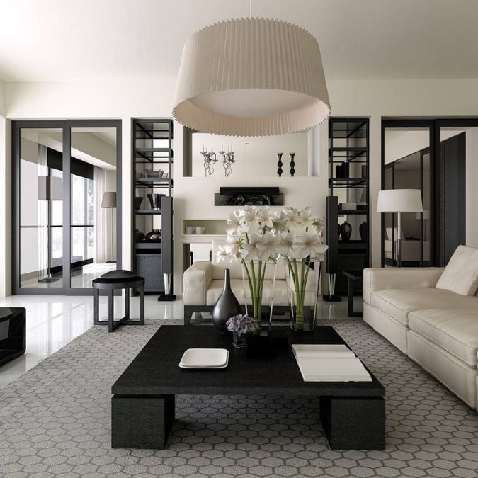 The living room is adorned with various pieces of furniture, including a black coffee table that serves as a central focal point in the space.